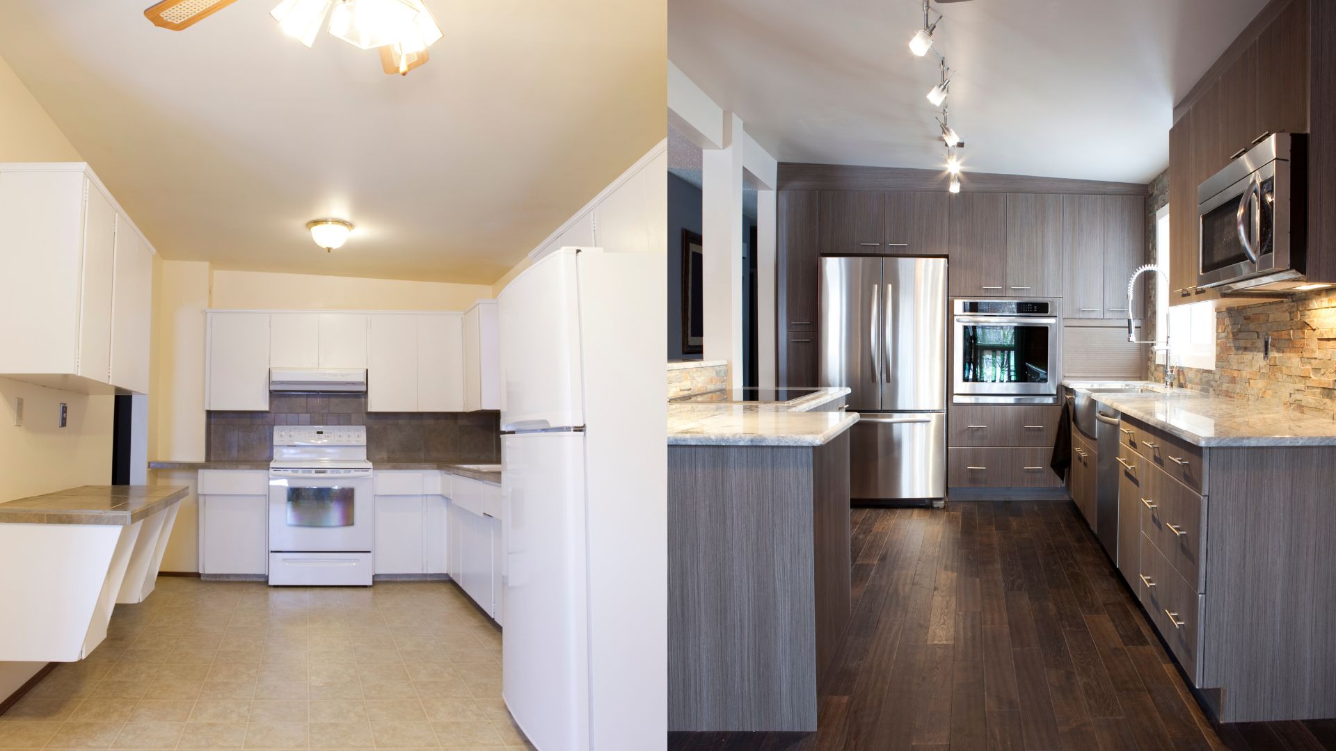 Two pictures of a kitchen with a refrigerator and a stove