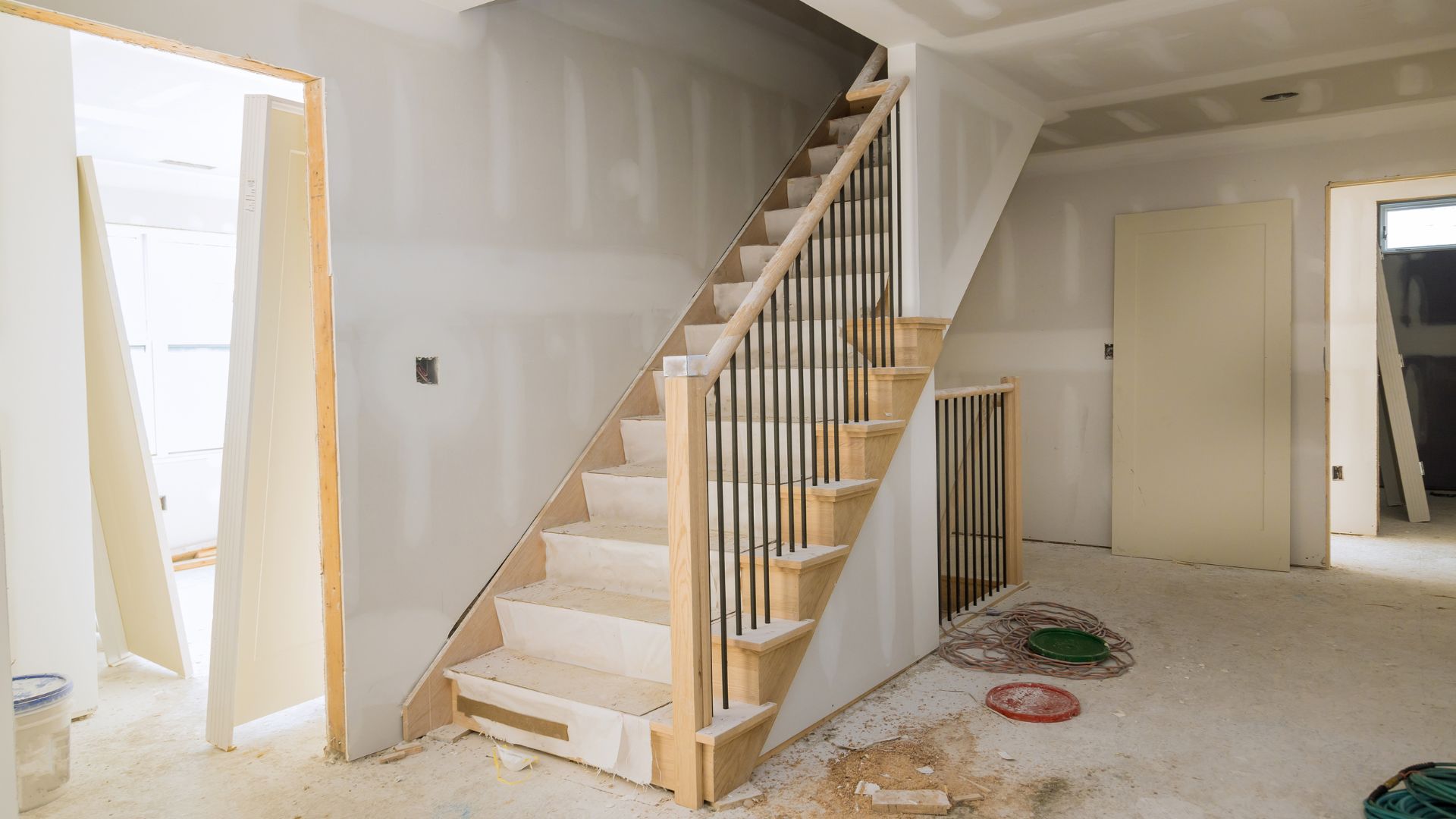 A staircase in a house under construction
